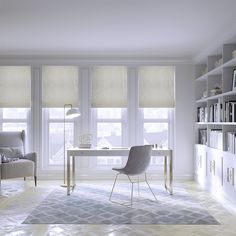 a living room filled with furniture and bookshelves next to a window covered in blinds