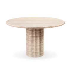 the round table is made out of wood and has a circular base with an intricate design on