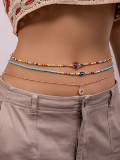 Beaded Contrast Color Multi-Colored Triple Layered Waist Chain Accessories MULTICOLOR-One_size Waist Beads Outfit, Beads Outfit, Beaded Waist Chain, Body Jewelry Diy, Hip Jewelry, Funky Bracelet, Techno Outfit, Diy Beaded Rings, Waist Jewelry