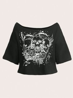 Plus Size Women's Skull Printed Off Shoulder T-Shirt, School Black Casual  Half Sleeve Knitted Fabric Graphic,Halloween  High Stretch  Women Plus Clothing, size features are:Bust: ,Length: ,Sleeve Length: Prints For T Shirts Graphic Tees, Skull Graphic Tee, Grunge Clothing Brands, Scene Crop Top, Cute Y2k Shirts, Y2k T-shirts, Off The Shoulder Graphic Tee, Off Shoulder Shirts, Cropped T Shirt Outfit