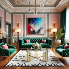 a living room filled with green velvet couches and gold coffee table in front of a painting on the wall