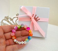 "Beautiful Colorful Sparkly Crackle Crystal Personalized Girls Bracelet. A Single bracelet With or Without a custom word of your choosing. These stretch bracelets are made from high-quality, durable Colorful Sparkle Beads. It is the perfect and affordable accessory for any little sweetie. Purchase multiples to layer them on! These make GREAT baby photo prop accessories. Can be used as an Ankle Bracelet. Customizable worded bracelet stacks. Perfect for birthdays, gender reveals, baby announcement Kids Name Bracelet, Bracelet Best Friends, Sparkle Unicorn, Toddler Bracelet, Girls Bracelet, Valentines Bracelets, Single Bracelet, Bracelet Stacks, Birthday Bracelet