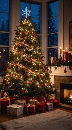 a decorated christmas tree in front of a fireplace with presents under it and lit candles