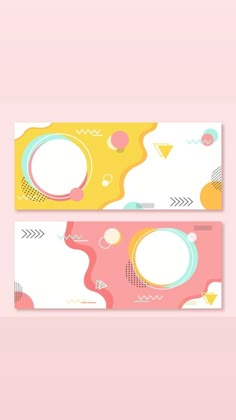 two colorful banners with abstract shapes and circles on them, one is yellow and the other is pink