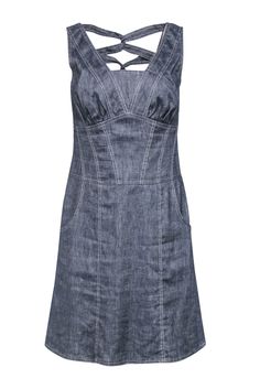 Current Boutique-Etcetera - Grey Chambray Corset-Style Sheath Dress Sz 8 Elegant Denim Summer Dress With Pockets, Elegant Summer Denim Dress With Pockets, Fitted Denim Dress With Pockets For Summer, Summer Fitted Denim Dress With Pockets, Chic Spring Dress With Seam Detailing, Fitted Denim Dress For Summer Workwear, Fitted Denim Dress For Workwear In Summer, Fitted Summer Dress With Seam Detailing, Summer A-line Seamed Dress