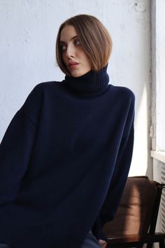 Women Wool Sweater With Side Slits Navy Blue Turtleneck - Etsy Ukraine Blue Turtleneck For Winter Layering, Blue Turtleneck Sweater Outfit, Dark Blue Turtleneck Outfit, Blue Knit High Neck Sweater, Blue Merino Wool Turtleneck Sweater, Blue Funnel Neck Sweater For Layering, Navy Turtleneck, Navy Blue Womens Outfits, Cozy Blue High Neck Sweater