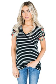 Floral Sleeves Striped T-shirt Spring Cotton T-shirt With Striped Sleeves, Spring Crew Neck T-shirt With Striped Sleeves, Summer Striped Stretch T-shirt, Striped Stretch T-shirt For Summer, Casual Tops With Striped Sleeves For Spring, Casual Top With Striped Sleeves For Spring, White Short Sleeve Top With Striped Sleeves, Striped Graphic Print Tops For Spring, Summer Cotton T-shirt With Striped Sleeves