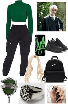 Draco Malfoy Outfit, Slytherin Girl Outfit, Cute Slytherin Outfits, Slytherin Aesthetic Outfit, Slytherin Dresses, Slytherin Outfit Ideas, Slytherin Dress, Outfit Ideas For College, Harry Potter Kostüm