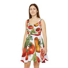 Whether it's hitting the town or lounging around, this custom skater dress brings an unmatched flair to any woman's wardrobe. Made with a high-quality, 290gsm fabric blend that is 83% polyester, 17% spandex, it's comfy, stretchy and a perfect match to any occasion. Add your art in an all-over print and create an instant favorite for any day of the week.  .: Material: 83% polyester, 17% spandex .: Medium-heavy fabric (8.5 oz /yd² (290 g/m .: Mid-length .: Seam thread color automatically matched to design (black or white) .: Assembled in the USA from globally sourced parts .: *Asymmetrical skirt (in places could be longer or shorter) Fun Fitted Mini Dress, Fun Fitted Printed Dresses, Fun Fitted Dress For Garden Party, Fitted Sleeveless Dress With Fruit Print, Casual Fitted Dress With Fruit Print, Fitted Fruit Print Summer Dress, Fitted Summer Dress With Fruit Print, Funny Dresses, Fun Dress