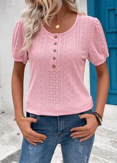 Henley Neckline T-shirt With Buttons For Spring, Henley Neckline Button T-shirt For Spring, Henley Neckline Buttoned T-shirt For Spring, Pink Crew Neck Top With Button Closure, Pink Round, Short Sleeve T Shirt, Round Neck, Pink, T Shirt