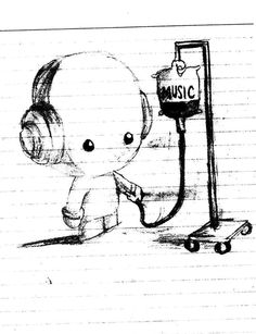 an elephant with headphones is next to a music stand and a sign that says music