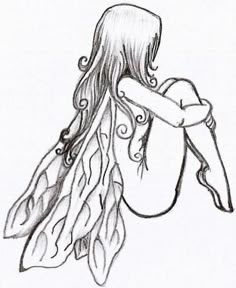 a drawing of a woman with long hair and feathers on her back, sitting down