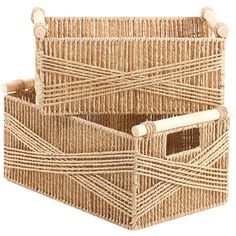 two wicker baskets with handles on white background