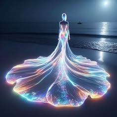 a woman standing on top of a beach next to the ocean in front of a full moon