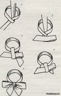 four different types of bows and ribbons drawn in pencil on white paper with black ink