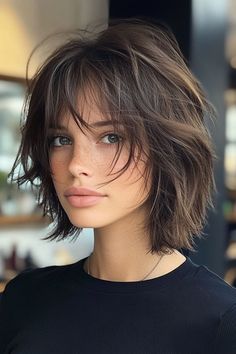 Chestnut Textured Bob with Soft Layers, Effortless Chic Bob Hairstyle Texture Bob Hairstyles, Shorter In Back Longer In Front Hair, Chestnut Bob Hair, Short Hair On Thick Hair, Short Hair With Bangs Wavy, Texture Bob Haircut, Short Textured Bob With Bangs, Medium Short Length Hair With Layers, Short Messy Bob Hairstyles