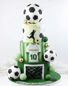 a three tiered cake decorated with soccer balls and the number ten on it's side