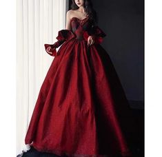 Gothic Black And Red Wedding Dress With Gloves - Burgundy Ball Gown Plus Size - WonderlandByLilian Black And Red Wedding Dress, Historical Vampire, Persephone Wedding, Wedding Dress With Gloves, Selection Dresses, Burgundy Ball Gown, Retro Red Dress, Dream Wedding Theme, Ball Gown Plus Size