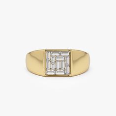 Elevate your style with our 14K Gold Pinky Ring, a stunning piece featuring a baguette diamond in a square illusion setting. This minimalist signet band exudes elegance and sophistication, making it a perfect choice as a promise ring or for any occasion. Embrace the timeless beauty of this Solid Gold Ring, a classic and versatile addition to your jewelry collection. ▶ Item Details * Made to Order.  * Gold Kt: 14K Solid Gold * Custom Gold Color: Rose Gold, Yellow Gold, White Gold * Size of Signet:  8 x 8 mm * Signet Graduates from 8MM to 2MM * Thickness: 2.7MM * Baguette Diamonds: 11 pcs 2.75 x 1.5  * Baguette Diamonds: 2 pcs 2 x 1  * Total CTW: 0.50 * Diamond Color Clarity: G Color VS2 Clarity * Setting Type: Prong ▶ See more of our Diamond Wedding Rings - https://etsy.me/3YbpVq2 ▶ See our Modern Diamond Signet Ring With Baguette Cut, Modern 14k Gold Baguette Cut Signet Ring, Rectangular Diamond White Ring With Baguette Diamonds, Modern Baguette Rings With Diamond Accents, Modern Rectangular Baguette Diamond Ring, Modern Rings With Baguette Diamonds In Diamond White, Modern Diamond Baguette Rings, Timeless Rectangular Diamond Ring With Baguette Diamonds, Square Illusion