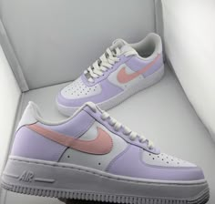 Colors can be adjusted to your preference! Sneaker: Nike Air Force Ones. Introducing our custom-made women's shoes in pastel purple and pink. Designed for those looking to add a pop of color to their wardrobe. Features: Colors: Pastel purple and pink Material: High-quality, durable Acrylic paint for longevity Sizes: Available in a range of sizes. See our sizing chart to find your fit. Shoes are made to order. Please reach out if you have any questions. Cute Light Purple Shoes, Cute Cheap Purple Sneakers, Pastel Wardrobe, Nike Air Force 1 Custom Purple, Nike Air Force Purple Sneakers, Nike Air Force 1 Pastel Purple, Rave Shoes, Stylish Outfits Casual, Preppy Shoes