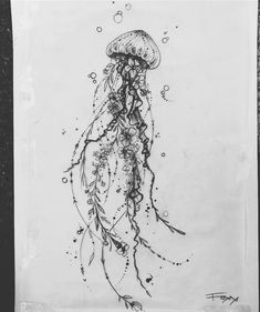 a drawing of a jellyfish with bubbles and leaves on it's back side