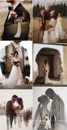 a collage of photos with the words double exposure wedding photo ideas written below it