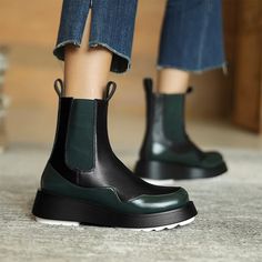 Step out in style with the Patricia Boots. The classic Chelsea boot reimagined with an oversized platform, the boot has a clean and minimalistic design, made of super soft leather, featuring a round toe, front and back tongue, and elasticated panels that make them so easy to pull on and off finished with slip & abrasion-resistant rubber sole. Wear them with jeans or floaty dresses. 100% Leather Mid-calf boots Imported Platform Chelsea Boots, Shoe Image, Genuine Leather Boots, Round Toe Shoes, Chic Shoes, Leather Boots Women, Shoe Design, White Boots, Boots Fall