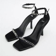 Genuine Zara New With Tag Color: Black/ Silver Sexy High Heel Sandals With Chain Trims On Front & Ankle Strap. 3.5 Inches Heel Height. Square Toes. Euro Size 38 Quince Shoes, Party High Heels, Wedding Pumps, Ankle Sandals, Square Toe Heels, Rhinestone Heels, Stiletto Shoes, Wedding Sandals, Ankle Strap Pumps