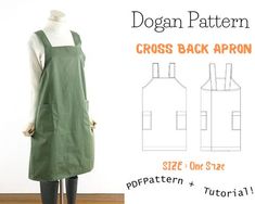 the front and back view of a green apron