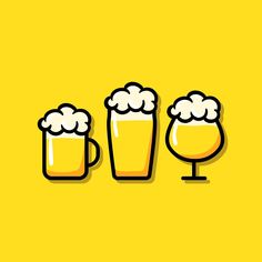 three mugs of beer with foamy bubbles on them, against a yellow background