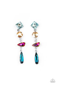 A mismatched collection of colorfully iridescent and brilliantly sparkling gems are linked together in elegant succession as they fall glamorously from the ear. Earring attaches to a standard post fitting. Sparkle Fashion, Gem Earrings, Fashion Influencer, Glam Style, Rock Candy, Colored Gems, Paparazzi Accessories, White Rhinestone, Paparazzi Jewelry