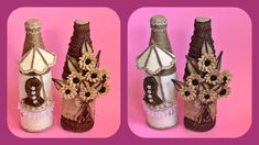 three wine bottles decorated with sunflowers and lace