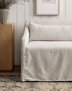 a living room with a couch, rug and potted plant on the side table