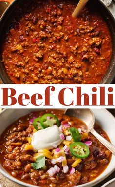 beef chili in a bowl with sour cream and cilantro