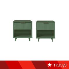 two green nightstands sitting next to each other on a red and white striped background