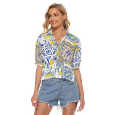 Sicilian tiles,summer,lemon,majolica,Mediterranean,All-Over Print Women's V-neck Shirts – Citrus summer vibes Blue Summer Blouse With Collared Neckline, Blue Collared Blouse For Summer, Blue Collared Neckline Summer Blouse, Casual V-neck Blouse For Summer, Trendy Summer Blouse With Collared Neckline, Spring Beach Blouse With Collared Neckline, Beach Blouse With Collared Neckline For Spring, Collared Neckline Blouse For Beach And Spring, Collared Neckline Blouse For Spring Beach Occasions