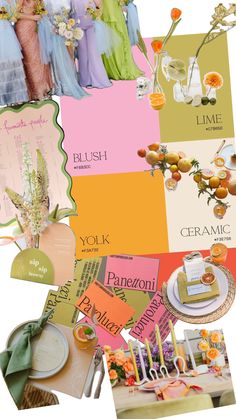 a collage of different colored papers with pictures on them, including flowers and other items