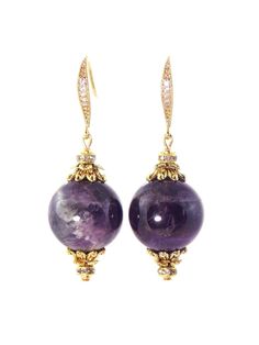 Amethyst Agate Ball Drop Short Gold Statement Earrings – KMagnifiqueDesigns Elegant Party Earrings With Stones, Elegant Amethyst Earrings For Party, Elegant Purple Drop Earrings, Luxury Gold Earrings With Stones, Elegant Purple Drop Crystal Earrings, Elegant Amethyst Drop Earrings, Elegant Purple Gemstone Chandelier Earrings, Elegant Jeweled Round Beads Jewelry, Elegant Amethyst Earrings