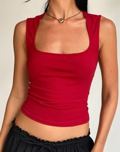 Adrenaline Red Crop Top | Jinsu – motelrocks-com-us Red Top Outfit, Tøp Aesthetic, Skirt Model, Red Crop Top, Tank Top Outfits, Red Tank Tops, Red Outfit, Red Shirt, Square Neckline