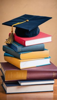 a stack of books with a graduation cap on top