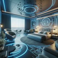 a bedroom with futuristic furniture and lighting