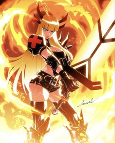 an anime character is standing in front of a blazing background with flames and crosses on her chest