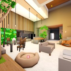 a living room filled with lots of furniture next to a tall wooden tree in front of a fireplace