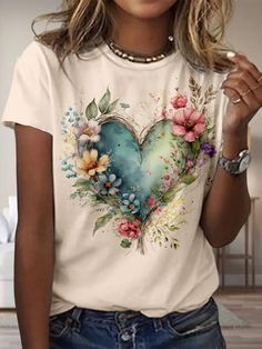 Cute Heart Printed Short Sleeve T-Shirt Spring Heart Graphic T-shirt, Casual Heart Print T-shirt For Spring, Casual Short Sleeve T-shirt With Heart Print, Cute Tops With Heart Graphic For Spring, White Heart-shaped T-shirt For Spring, Summer Tops With Heart Graphic And Crew Neck, Casual Heart Graphic T-shirt For Spring, Casual Short Sleeve Tops With Heart Graphic, Casual T-shirt With Heart Graphic For Spring