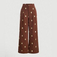 Cute Flower Embodiery Pants Brown Pattern Pants, Vintage Women Pants, Overall Costume, Cottagecore Pants, Fairy Academia, 70s Pants, Faded Blue Jeans, Flower Pants, Teacher Wardrobe