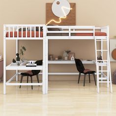 a white bunk bed sitting next to a desk and chair in a room with beige walls