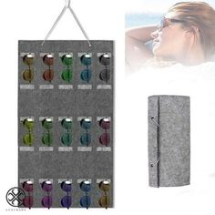 a wall hanging display with multiple pairs of eyeglasses and an earring holder