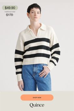 Flex your preppy side in our 100% Organic Cropped Cotton Polo Sweater. This must-have sweater combines effortless style and low-key comfort with its relaxed yet cropped fit and classic polo collar. Made of premium organic cotton, it's soft on your skin and reflects our commitment to sustainability. Pair it with jeans for an everyday casual look or wear it to work with a more tailored trouser. Looking for something warmer? Check out our Mongolian Cashmere Polo Sweater  | Quince | Women's 100% Org Cashmere Polo Sweater, Silk Pajamas Shorts, Cashmere Polo, Sweaters And Cardigans, Polo Sweater, Sweater Making, Cotton Polo, Polo Collar, Low Key