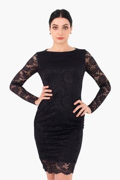 Este es un vestido de fiesta indispensable en tu guardarropa. Hecho de material de encaje delicado para crear lujo para el usuario. Vestido negro legendario, ayudándote a aumentar tu atractivo al aparecer en cualquier fiesta. La característica única de este vestido de fiesta es el cuello barco y el diseño ceñido al cuerpo, que crea una gracia suave para quien lo lleva. Quedará genial si lo combinas con un par de tacones de punta y pendientes para crear el conjunto perfecto. El vestido se puede c Fitted Midi Dress With Lace Top For Evening, Fitted Lace Top Midi Evening Dress, Scalloped Lace Mini Dress For Evening, Lace Mini Dress For Evening, Formal Fitted Mini Dress With Lace Top, Evening Mini Bodycon Dress With Lace Sleeves, Chic Bodycon Dress With Lace Sleeves For Party, Elegant Lace Patchwork Mini Dress For Formal Occasions, Elegant Mini Dress With Lace Patchwork For Formal Events