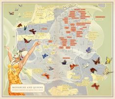 a map with butterflies flying around it and the words monarchs and queens on it